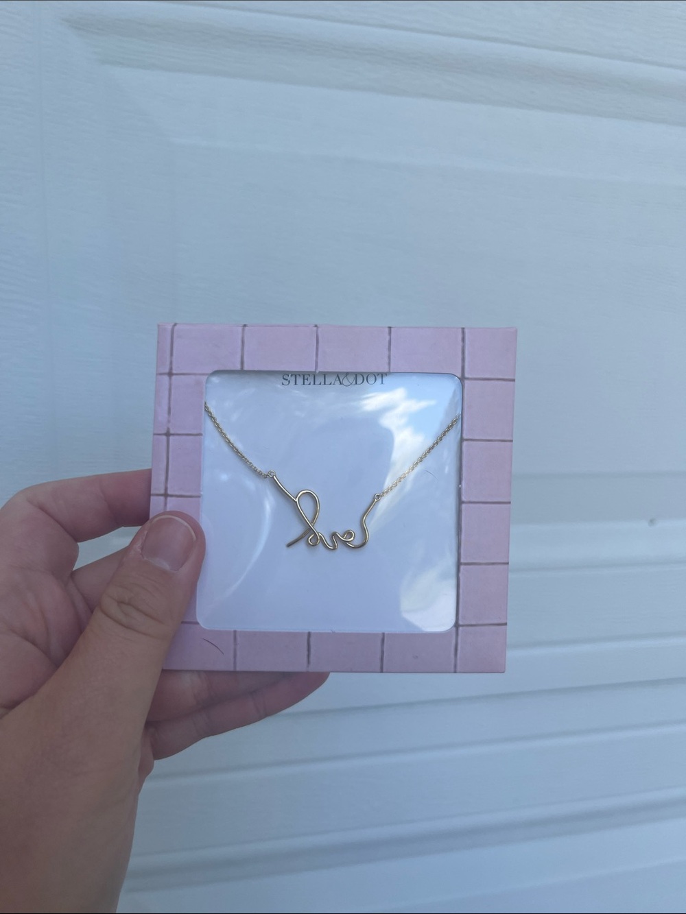 Stella & Dot gold 'Love' script pendant necklace